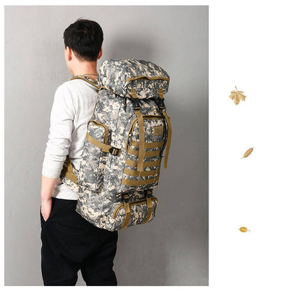 Unisex 60L tactical hiking and camping backpack, showcasing durable waterproof material