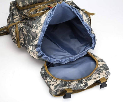 Close-up of main compartment on 60L tactical adventure backpack, suitable for hiking gear