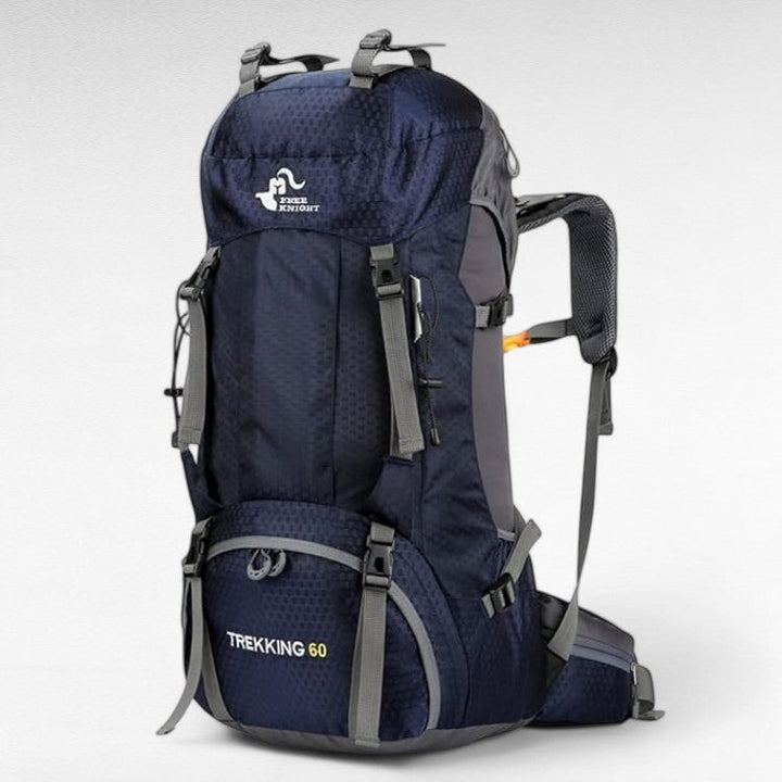 Unisex 60L waterproof hiking backpack in a vibrant blue color, perfect for outdoor adventures and camping.