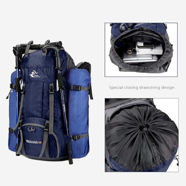Front view of a durable 60L waterproof trekking backpack with multiple compartments and adjustable straps.