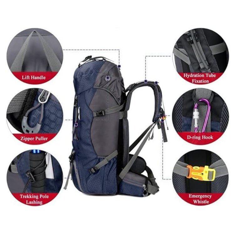 Side profile of a lightweight 60L adventure backpack, showcasing its robust design and waterproof material.