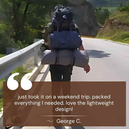 Unisex 60L travel backpack ergonomically designed for comfort on long treks, shown in a natural outdoor setting.