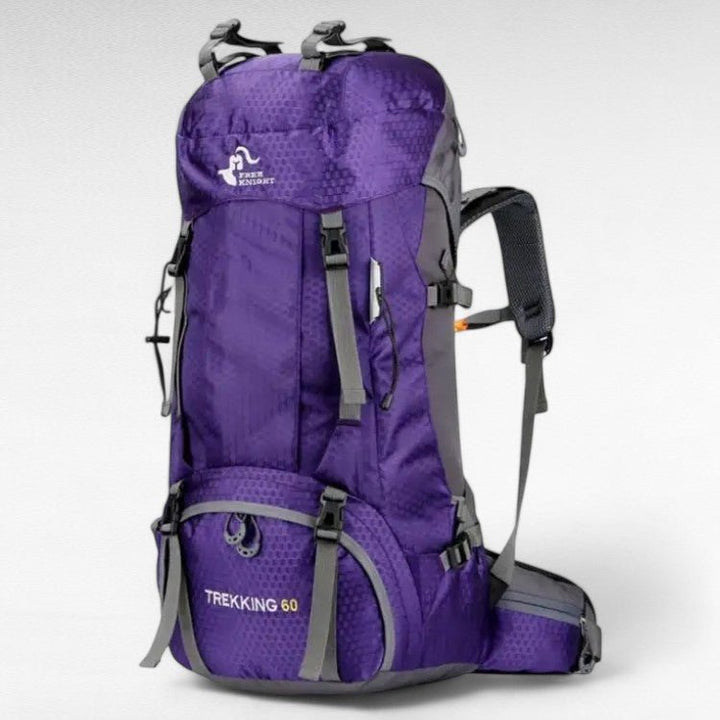 Spacious 60L outdoor gear backpack with reflective elements, highlighting its suitability for adventure travel.