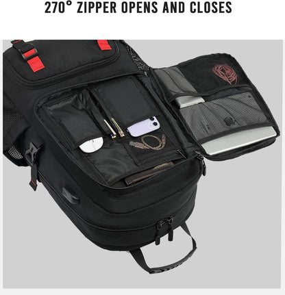 Durable travel backpack for laptops, waterproof 60L design with integrated USB charger & anti-theft features.