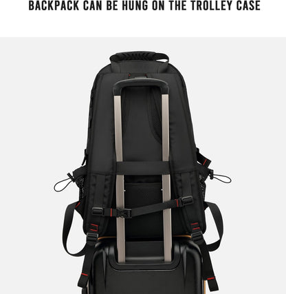 Unisex 60L waterproof travel backpack with anti-theft design, USB port, laptop sleeve & shoe compartment for travel.