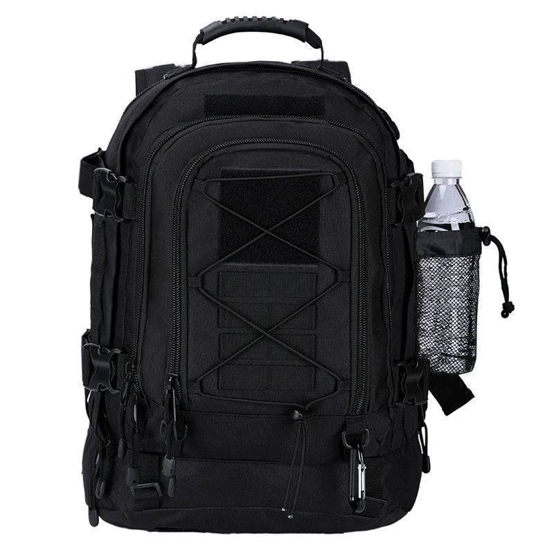 An open 65L expandable backpack revealing its large main compartment, ideal for camping equipment