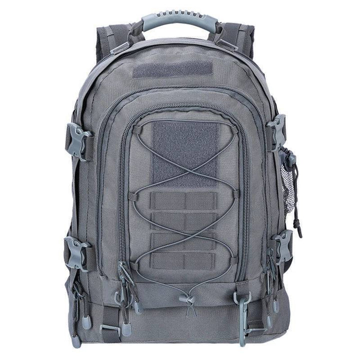 Unisex 65L travel backpack with tactical features, perfect for extended outdoor and camping trips