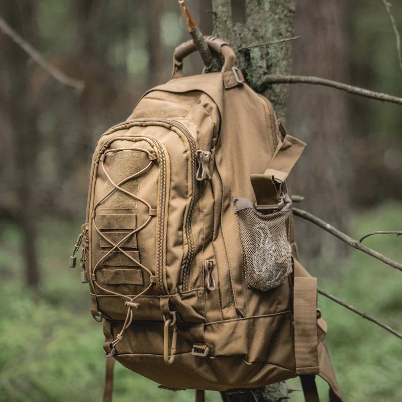Large 65L tactical rucksack with MOLLE webbing, ideal for military, hiking, and travel adventures