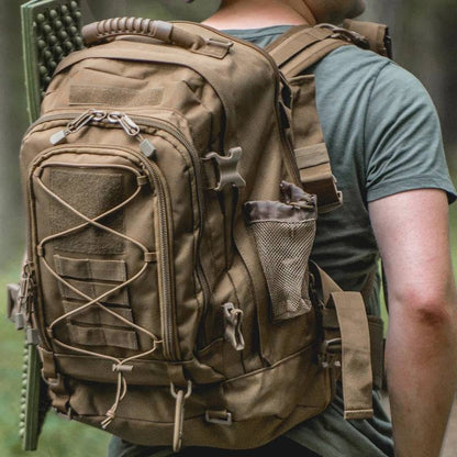 Model wearing a 65L tactical backpack outdoors, showcasing its comfortable fit and storage capacity