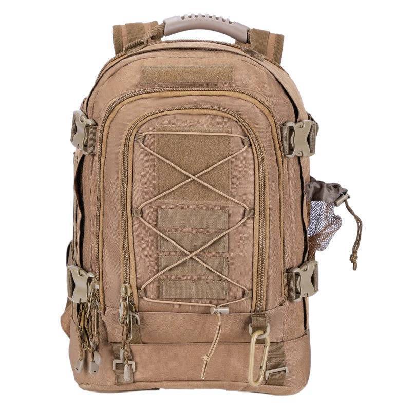 Close-up of durable MOLLE webbing on a 65L military backpack, ready for attachable pouches