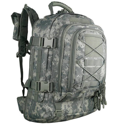 Unisex 65L outdoor adventure backpack in camouflage, featuring waterproof material for rugged use