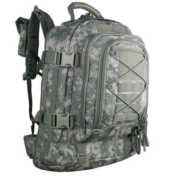 Unisex 65L outdoor adventure backpack in camouflage, featuring waterproof material for rugged use