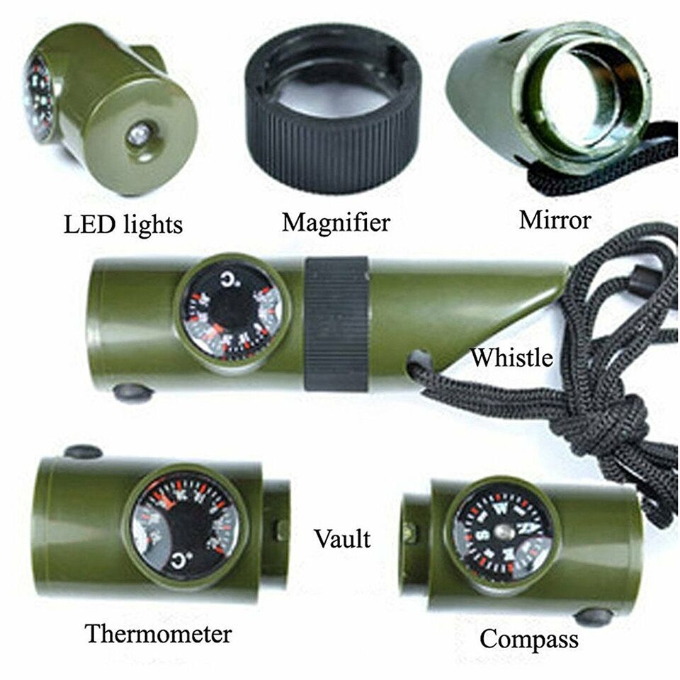 Outdoor multi-tool: 7-in-1 emergency whistle featuring signal mirror and LED light
