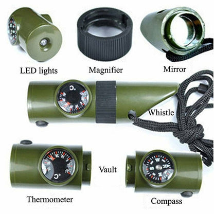Outdoor multi-tool: 7-in-1 emergency whistle featuring signal mirror and LED light