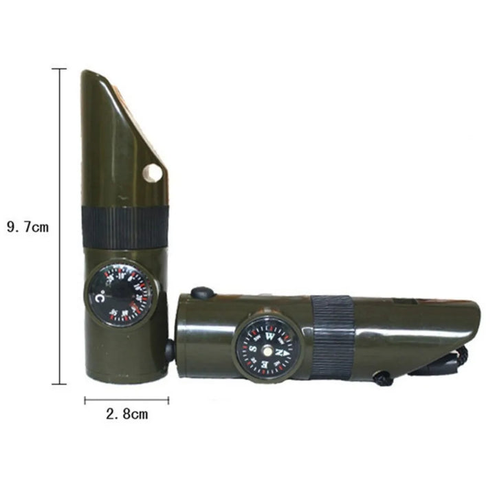 7-in-1 outdoor multi-tool, includes emergency whistle, compass, and LED flashlight