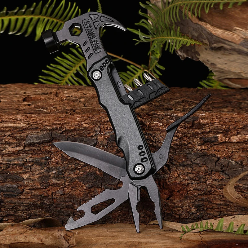 Close-up of multifunction survival hammer pliers, stainless steel jaws & textured handle
