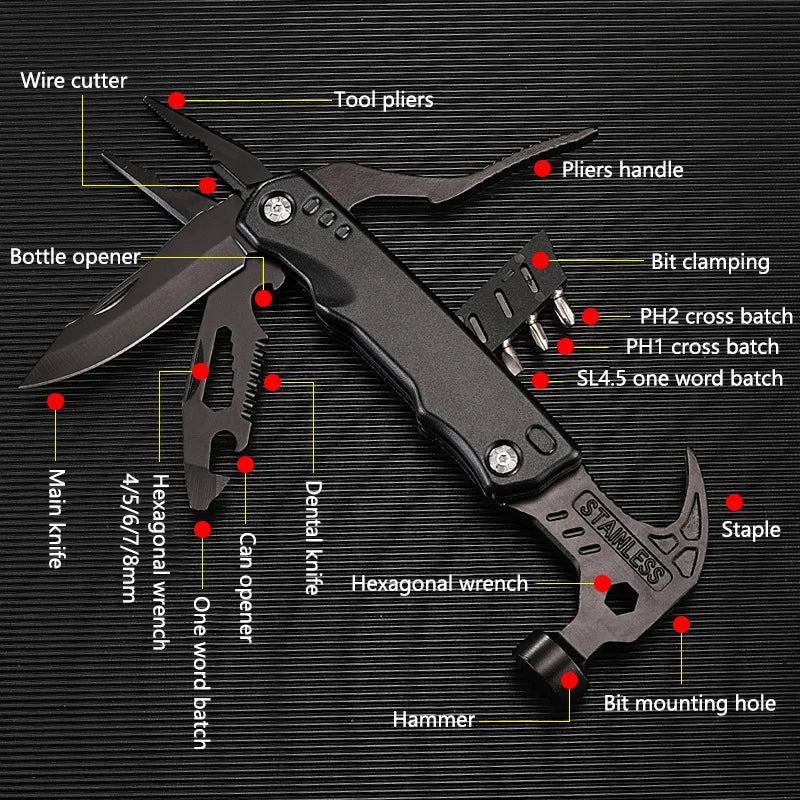 7-in-1 multi-tool for camping, showing plier & hammer functions, essential for outdoor survival
