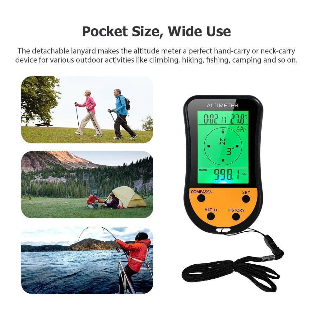 Digital altimeter with barometer, compass, thermometer. Essential outdoor survival equipment.