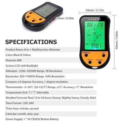 Compact 8-in-1 digital altimeter, barometer, compass, ideal for camping & hiking.