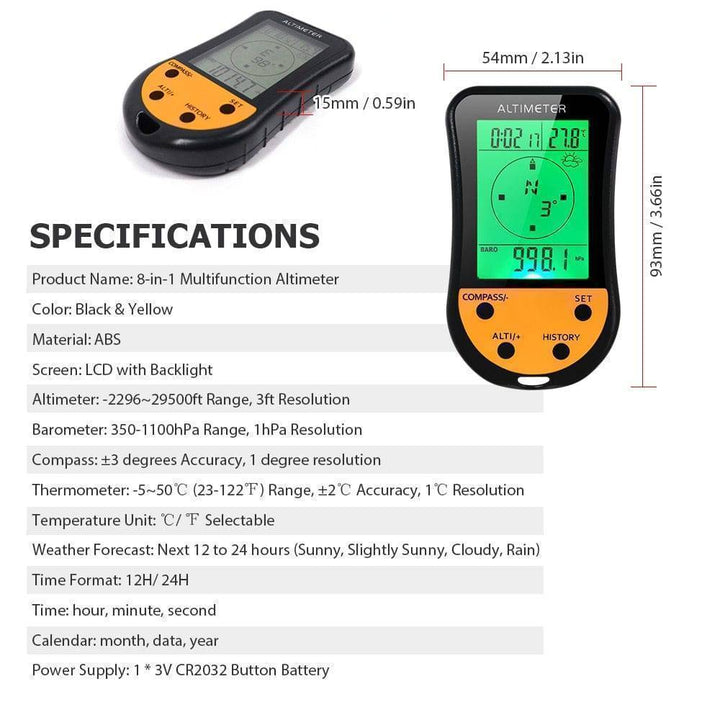 Compact 8-in-1 digital altimeter, barometer, compass, ideal for camping & hiking.