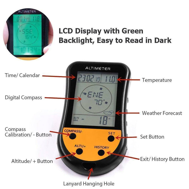 Weather forecast digital altimeter, barometer, compass. A must-have hiking accessory.