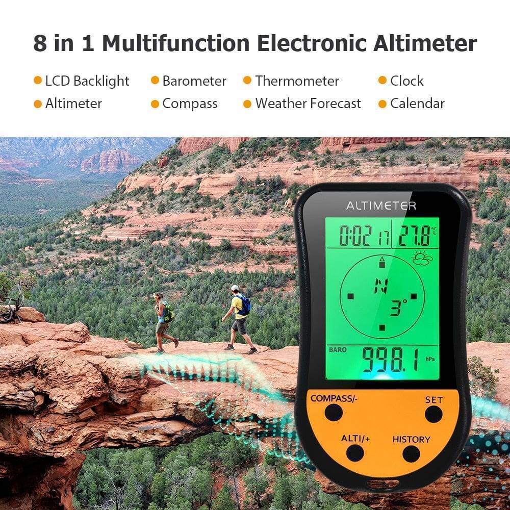 High-tech 8-in-1 altimeter, barometer, compass for outdoor adventures and survival.