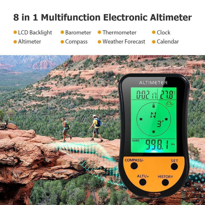 High-tech 8-in-1 altimeter, barometer, compass for outdoor adventures and survival.