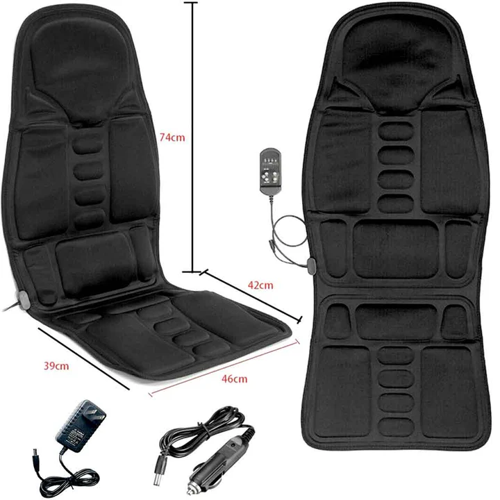 Portable heated massage chair pad, perfect for car seats or office chairs, offering customizable neck & back relief.