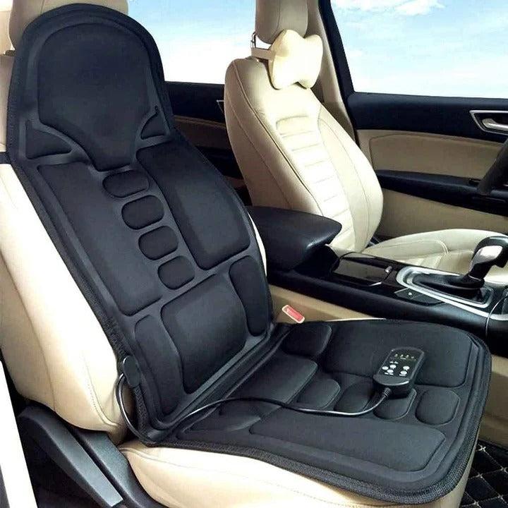 Compact heated neck and back massager chair pad. Versatile design for home, office, or car, targeting muscle tension.