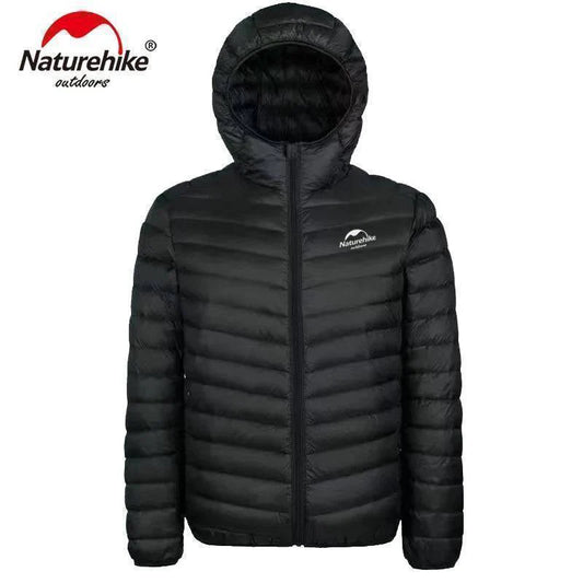 Unisex 800FP duck down lightweight puffer jacket in black, ideal for outdoor hiking & camping.