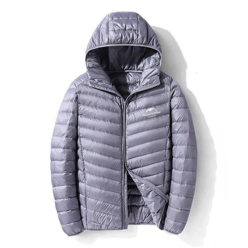 Close-up of lightweight 800FP duck down puffer jacket fabric, showing water-resistant texture.