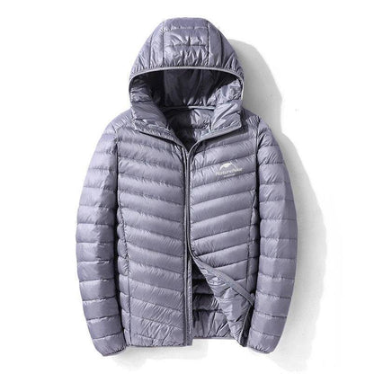 Close-up of lightweight 800FP duck down puffer jacket fabric, showing water-resistant texture.