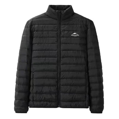 Detail of zipper and high collar on unisex 800FP duck down puffer coat for extra warmth.