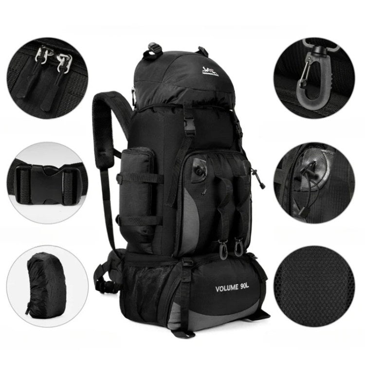 Close-up of waterproof fabric on a 90L hiking backpack, ideal for camping adventures