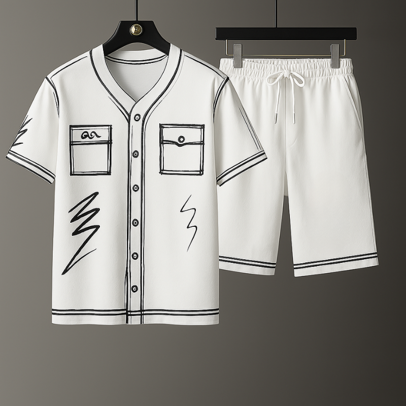 Unisex abstract graphic streetwear set; unique art print for casual, comfy urban style. Two-piece matching graphic set.