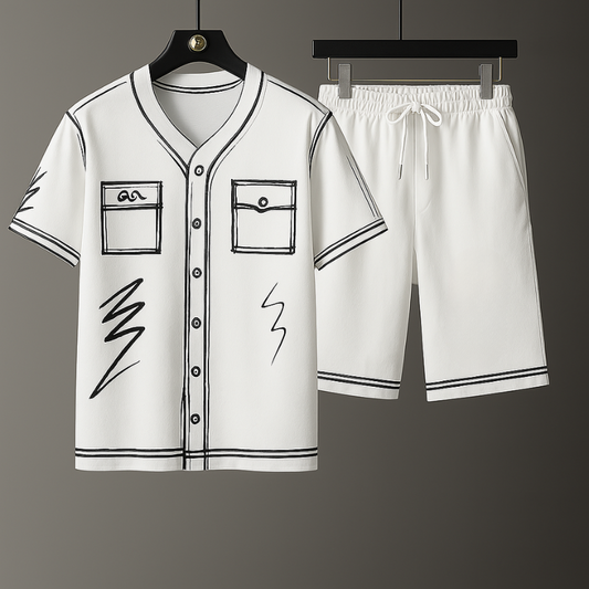 Unisex abstract graphic streetwear set; unique art print for casual, comfy urban style. Two-piece matching graphic set.