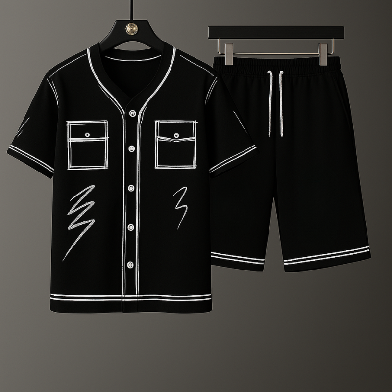 Comfy unisex two-piece streetwear set featuring an abstract graphic art print. Perfect for casual urban fashion.