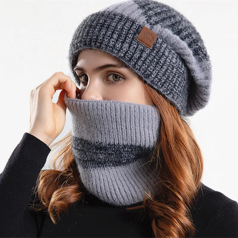 Warm acrylic knit beanie and neck gaiter set. Soft, comfortable, and stylish winter accessory for all.