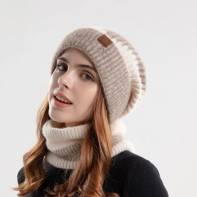 Stylish unisex winter fashion accessory: a warm acrylic knit beanie and neck gaiter for cold days.