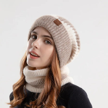 Stylish unisex winter fashion accessory: a warm acrylic knit beanie and neck gaiter for cold days.