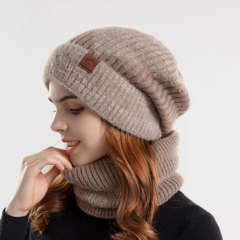 Close-up of a warm acrylic knit neck gaiter, part of a unisex winter set, protecting from cold.