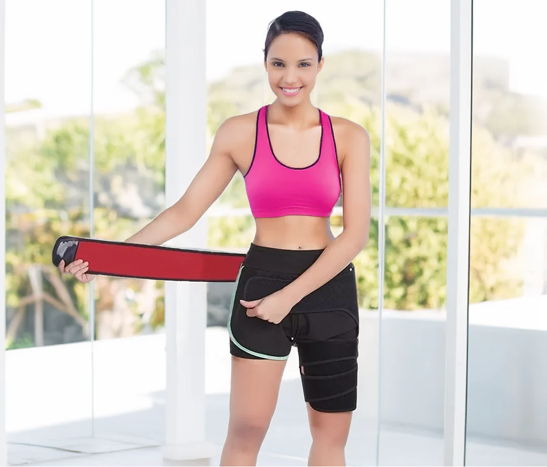 Compression wrap for hip & thigh support, enhancing stability during gym workouts, running, or hiking.