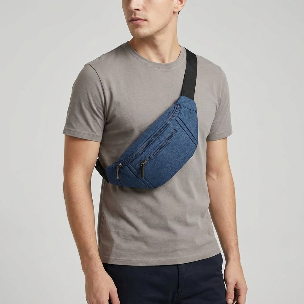 Adjustable strap on a black unisex sling bag, worn across the body for secure and comfortable daily carry.