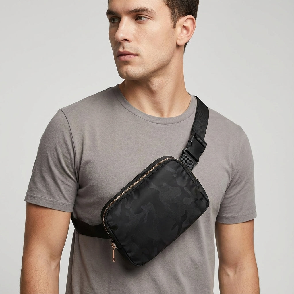 Unisex adjustable crossbody sling bag for everyday carry. Waterproof nylon, perfect as a travel or sport waist/chest pack.