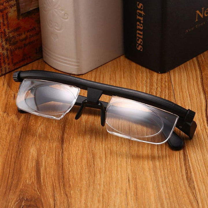 Unisex adjustable dual-lens glasses for vision correction, suitable for both reading and distance. Clear customizable eyewear.