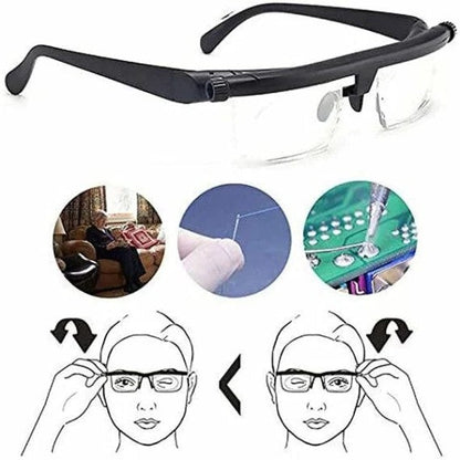 Adjustable focus glasses. Unisex design for reading & distance. Durable, lightweight vision aid eyewear.
