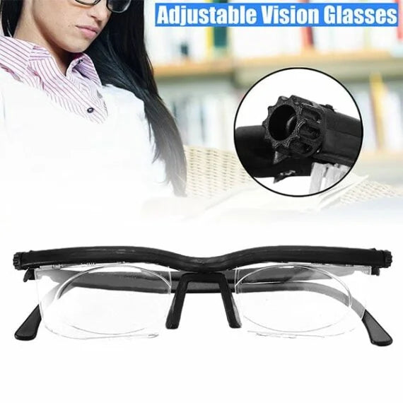 Adjustable focus vision aid eyewear for clear near & far sight. Lightweight, versatile, unisex glasses.