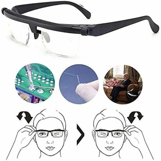 Versatile unisex adjustable focus reading glasses for near and far vision. Solving presbyopia with clear sight.