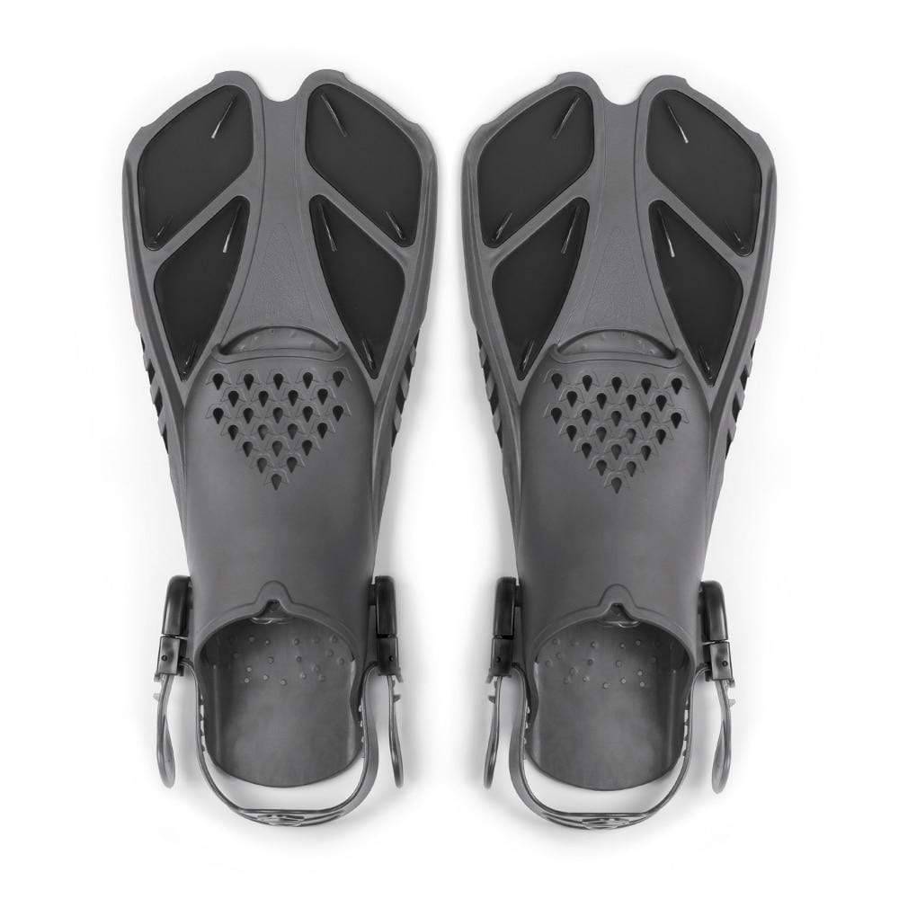 Unisex adjustable swimming fins for adults, black with blue accents, ideal for dive training and water sports