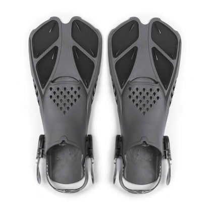 Unisex adjustable swimming fins for adults, black with blue accents, ideal for dive training and water sports